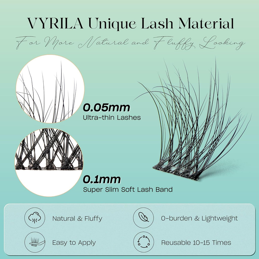 Lash Clusters 0.05mm Individual Lashes, 3D Wispy Lashes Clusters, 0.1mm Super Thin Band Resuable Natural Lashes,C Curl Faux Mink Lashes,144pcs Lash Extension (Green Hush-C-0.05-8-16mix)