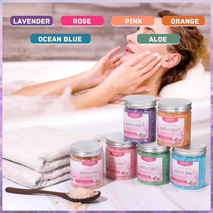 6 Pack Bath Salt KIT for Soaking Himalayan Pink Salt Lavender Orange Rose Pink Scent Epsom Salt Bubble Bath for Women Gift with Dead Sea Salt Moisturizing Skin Essential Oil