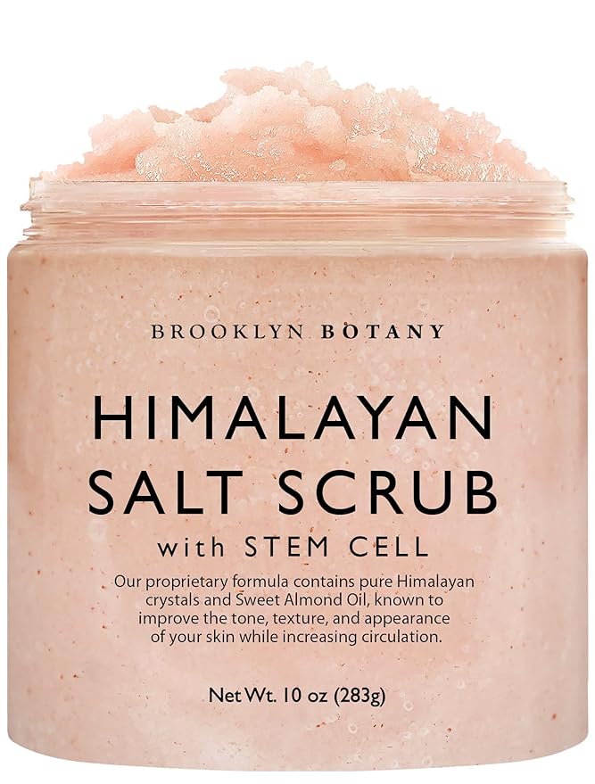 Brooklyn Botany Himalayan Salt & Stem Cell Body Scrub - Moisturizing and Exfoliating Body, Face, Hand, Foot Scrub - Fights Stretch Marks, Fine Lines, Wrinkles - Great Gifts for Women & Men - 10 oz