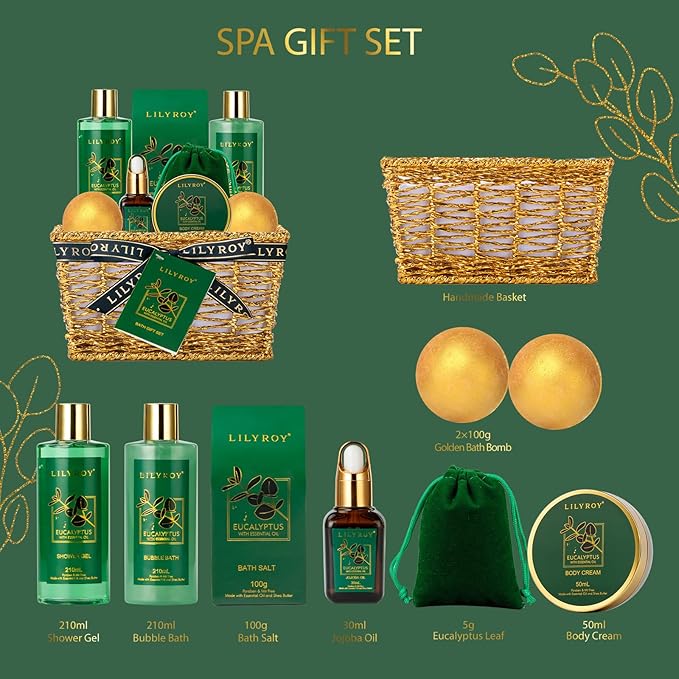 Bath & Body Gift Basket for Mothers Day - 10-Piece Eucalyptus Luxury Spa Set for Women & Men, Relaxation, Aromatherapy Ideal for Christmas, Father’s Day, Birthday with Shower Gel & More for Her & Him