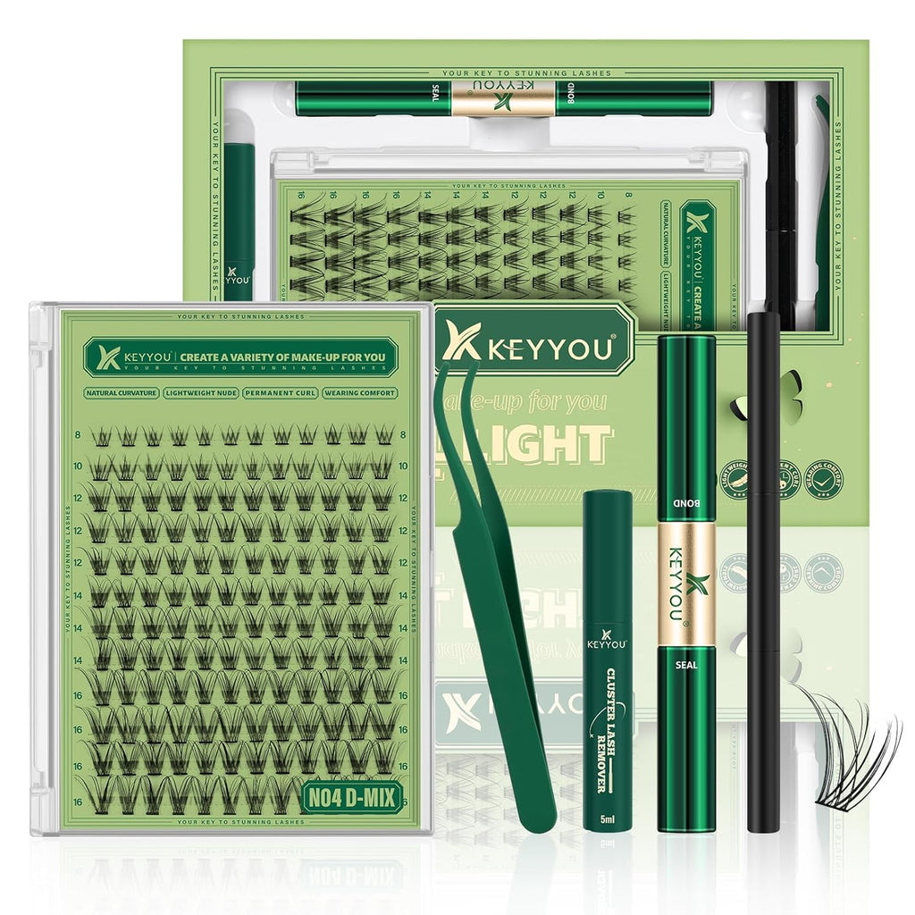 Natural Lash Clusters Kit 144Pcs DIY Lash Extension Kit Wispy Eyelash Extensions Kit D Curl 8-18MIX with Bond and Seal and tweezers with Thin Lash Band by KEYYOU（KIT-N04-D-8-18MIX）