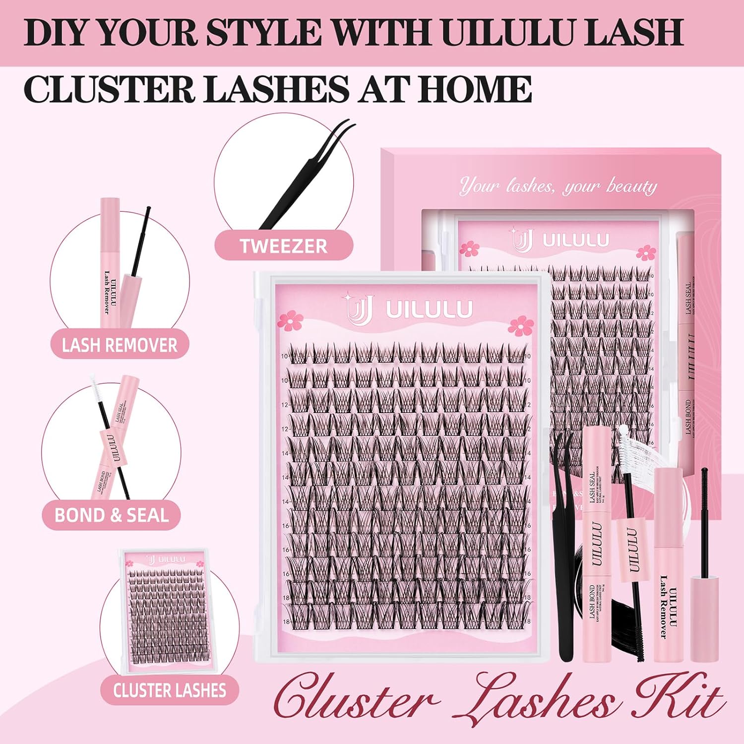 Lash Clusters kit 10-18mm DIY Lash Extension Kit 132 D Curl Lash Clusters 0.07D Wispy Individual Lashes Clusters False Eyelashes Natural Eye Lash Kits Extensions Kit U09 Kit