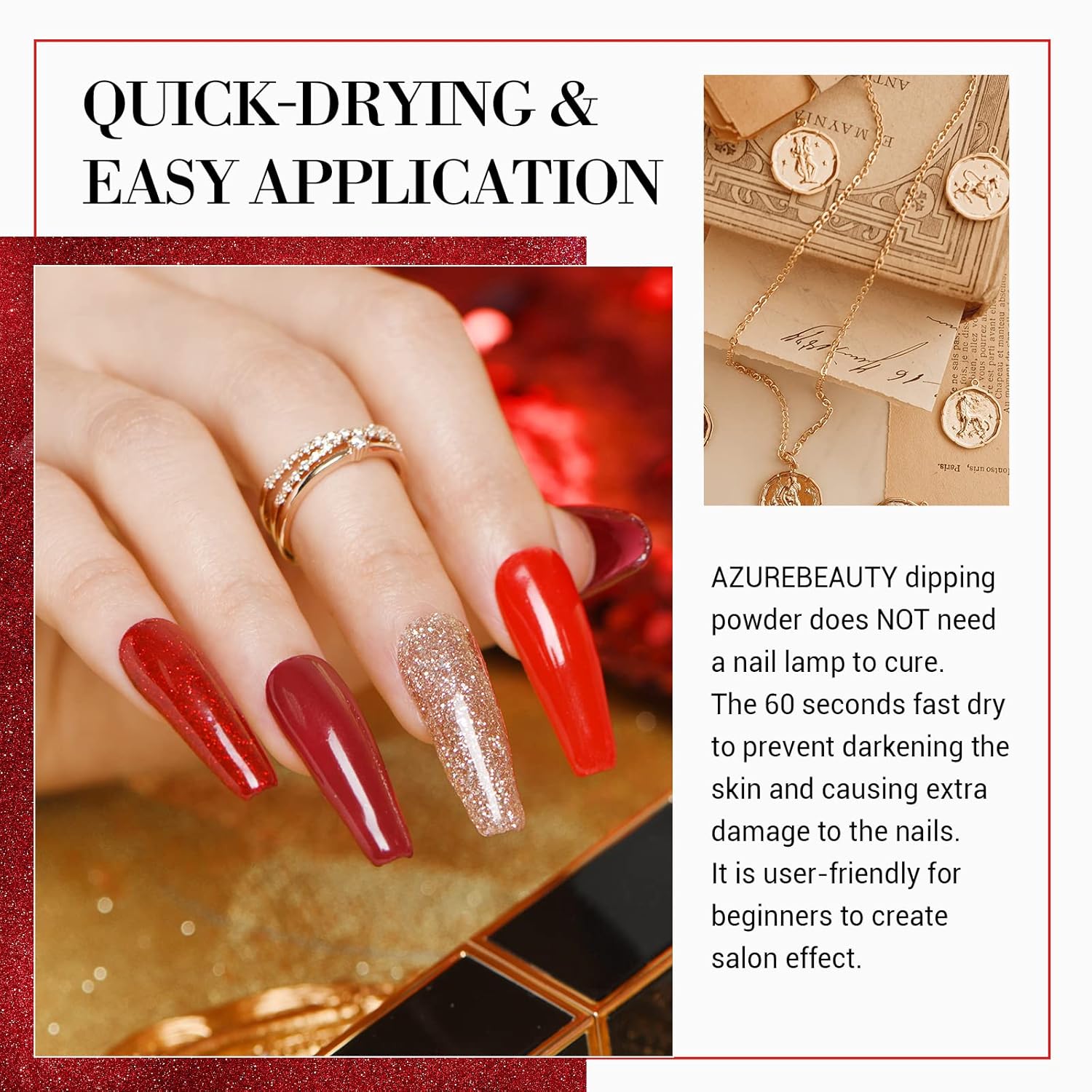 AZUREBEAUTY Dip Powder Nail Set, Red Burgundy Rose Berry Sparkle Milky Snow White Silver Glitter, 6 Colors Dipping Powder Starter Kit French Nail Art Manicure DIY Salon, No Need Nail Lamp Cured