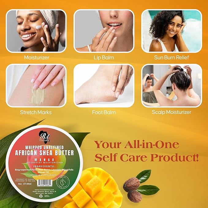 RA COSMETICS Whipped Shea Butter Mango - 6oz | 100% Pure and Natural African Shea Butter for Men & Women - Ultimate Handcrafted Moisturizer with Essential Vitamins for Radiant Skin & Luscious Hair