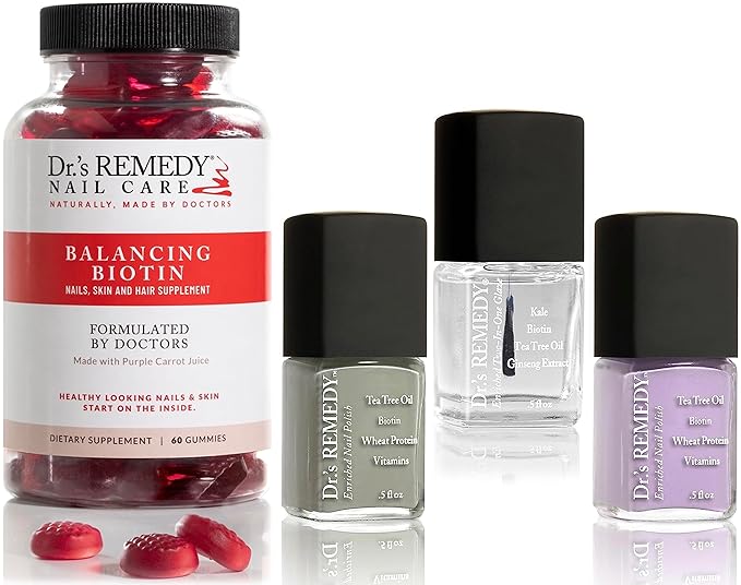 Dr’s Remedy 4 Pack Nail Polish Treatment, COMEBACK Collection, Non Toxic and Organic All Natural Enriched Nail Strengthener - BALANCING Biotin Gummies/TOTAL Two-in-One/LYRICAL Lilac/SERENITY Sage