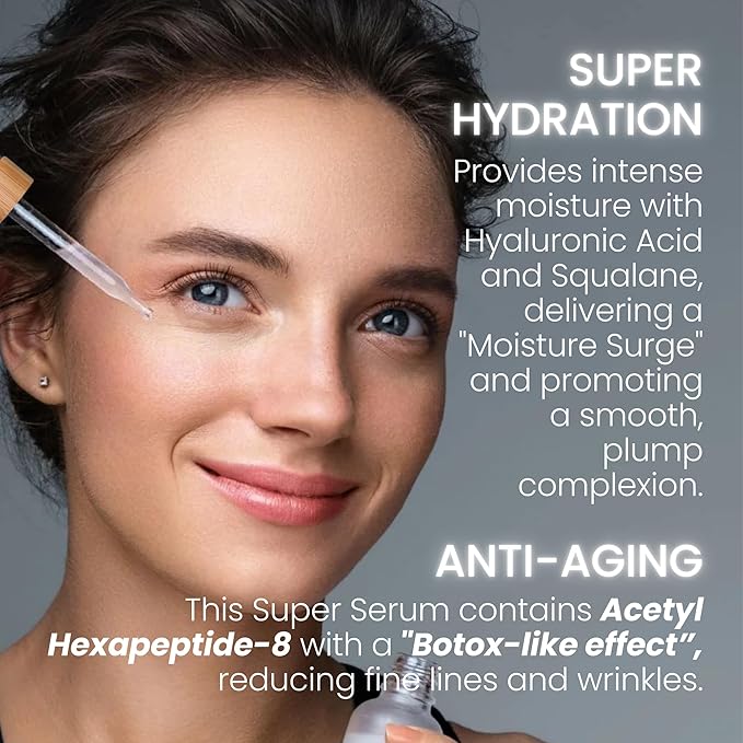Total Package Serum - Vitamin C - Hyaluronic Acid - Acetyl Hexapeptide-8 - Niacinamide Serum - Argireline - Botox in a Bottle and Pore Minimizer for Face -For All Ages, Skin Types and Genders - 50ml