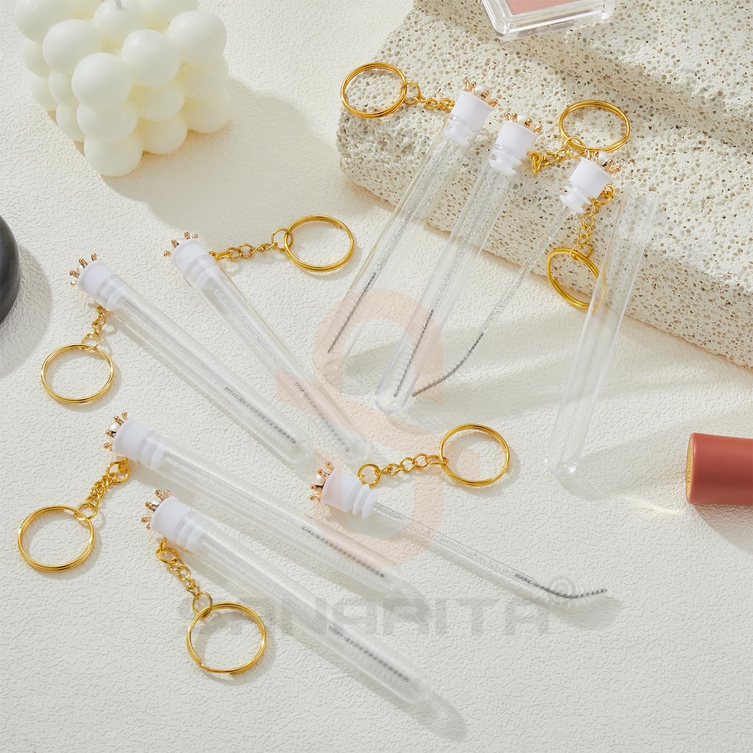 Upgrade 48 Pieces Disposable Mascara Wands Set,Include 24 Pcs Crystal Lash Spoolies Brush and 24 Pcs Reusable Keychain Empty Eyelash Brush Tubes