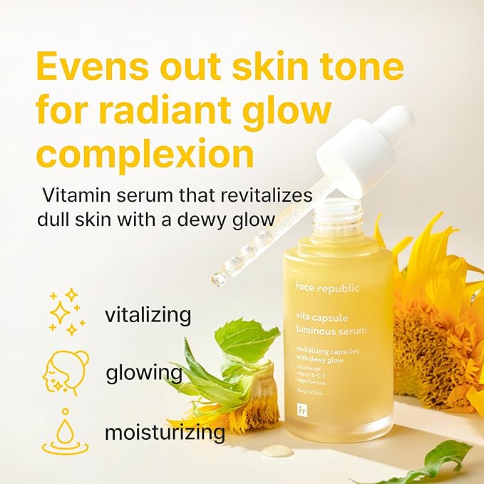 Face Republic Vita Capsule Luminous Serum 45ml 1.52 fl oz | Revitalizing, Radiant Glow for Dull, Dry Skin | Vitamins, Lemon Extract, Niacinamide 5%, Jojoba Seed Oil | Vegan Korean Skin Care
