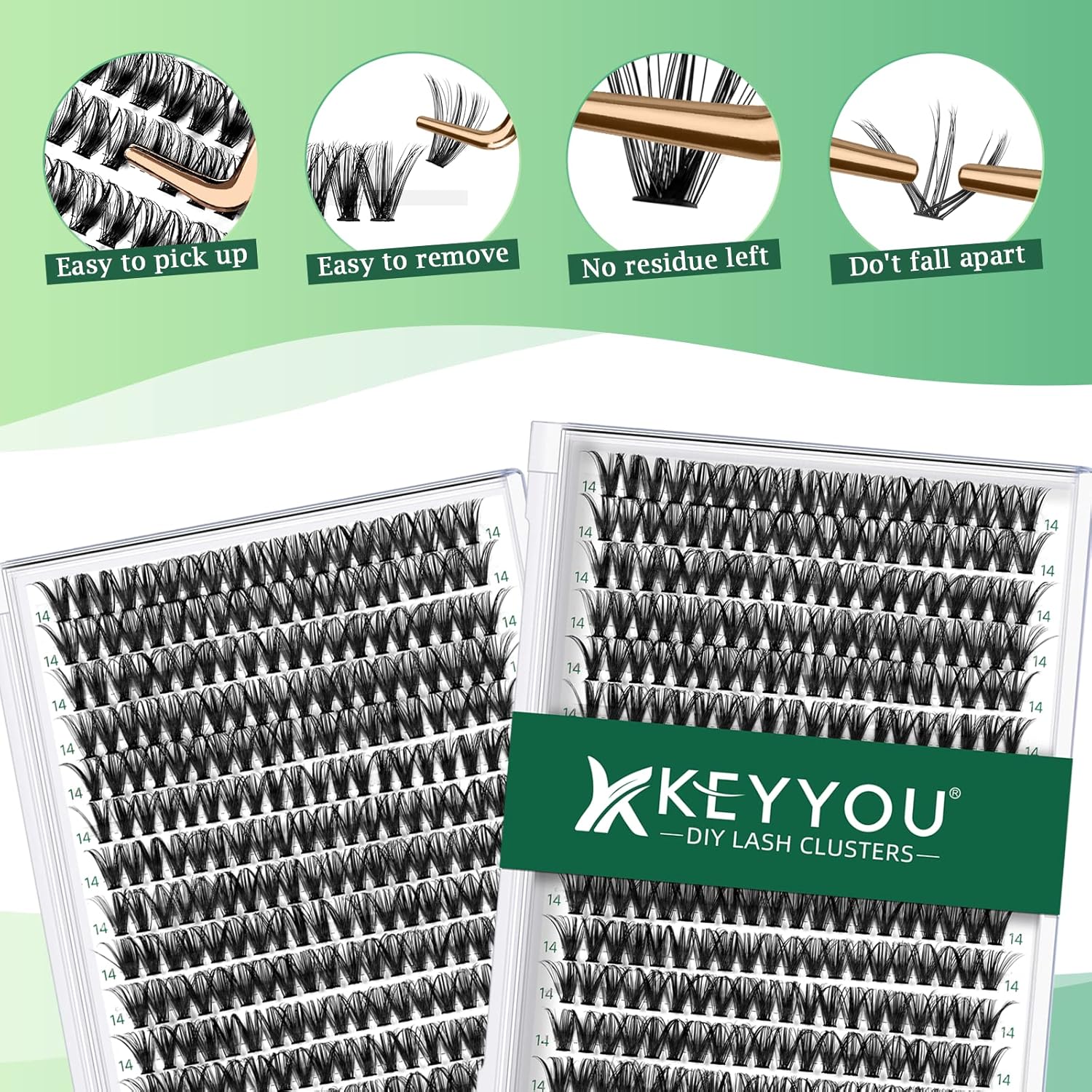 Lash Clusters 300pcs Individual Lashes 40D 0.07D Curl 14mm DIY Eyelash Extension KEYYOU Large Tray Volume Soft&Natural Eyelash Clusters(40D-0.07D,14）