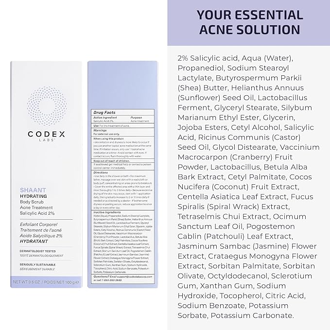 Codex Labs Shaant Hydrating Acne Body Scrub - Oil Control Exfoliator - For Acne Prone Skin, All Skin Types - With 2% Salicylic Acid, White Birch Bark - Cruelty-Free, Vegan Skincare (100g)