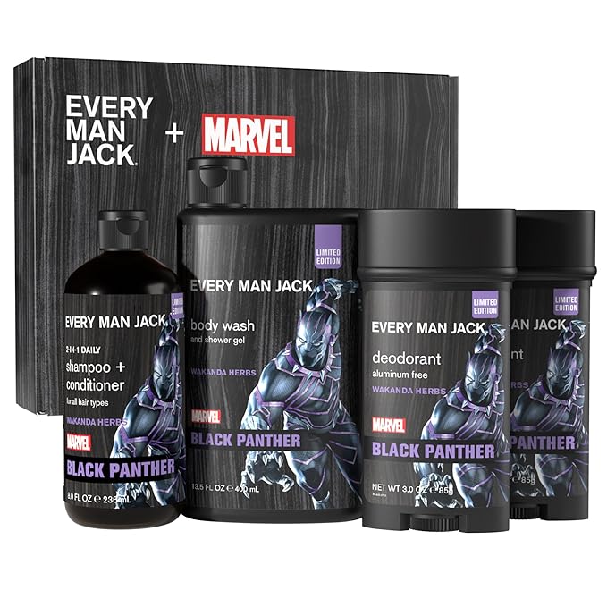 Every Man Jack Black Panther Body Set - Perfect for Every Guy & Marvel-Lover - Bath and Body Marvel Gift Set with Clean Ingredients & Incredible Scents - Includes Body Wash, Shampoo & Deodorant 2-Pack