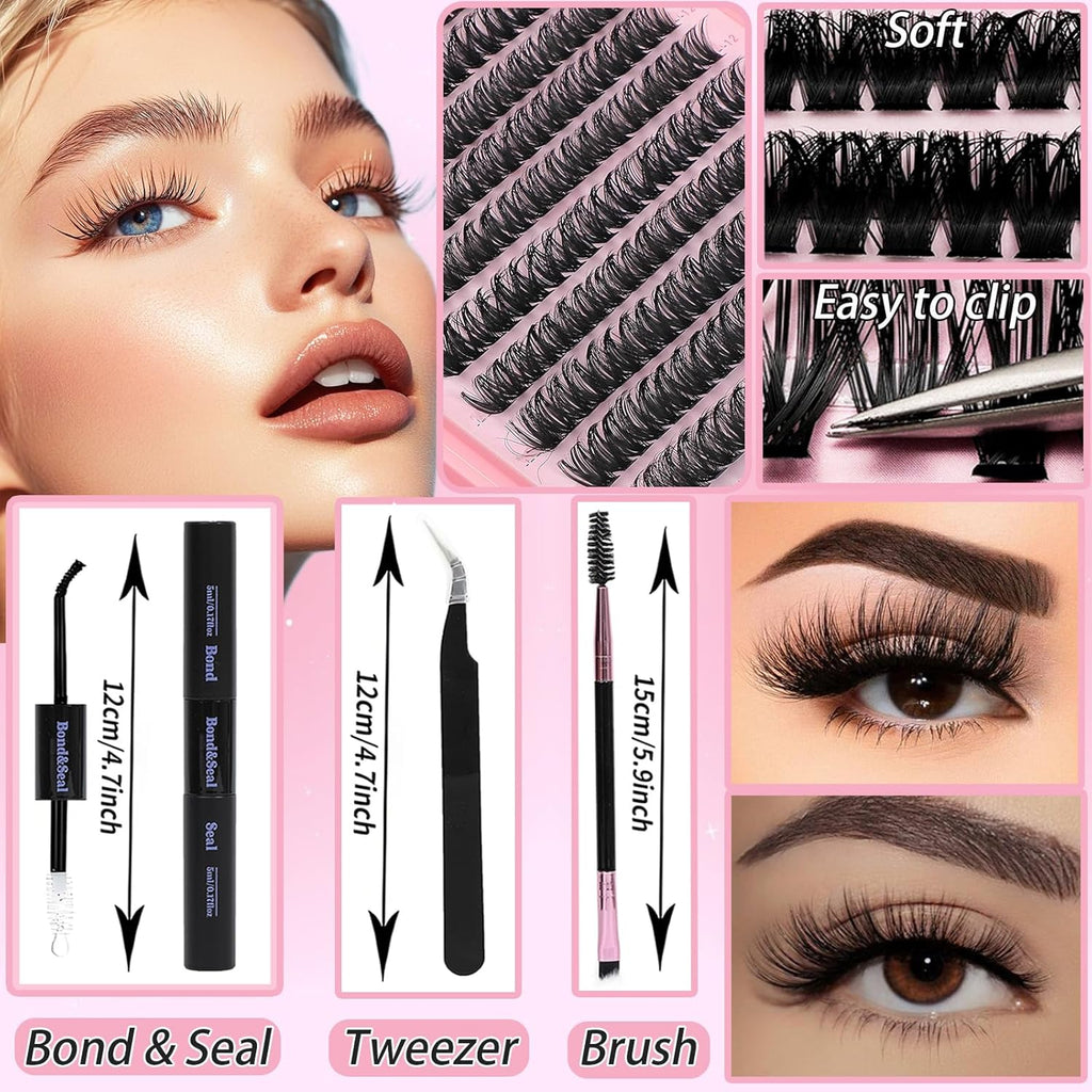 Lash Clusters Kit: Eyelash Clusters Individual Lash Extension Kit 480 Pcs D Curl Fluffy Wispy False Eyelashes Extensions Thin Band with Bond Seal Tweezers Brush (30D+40D Kit 9-16mm)