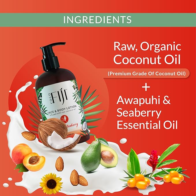 Coco Fiji Face & Body Lotion Infused With Coconut Oil | Lotion for Dry Skin | Moisturizer Face Cream & Massage Lotion for Women & Men | Awapuhi Seaberry 12 oz, Pack of 3