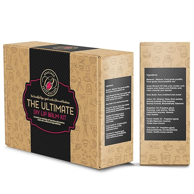 CraftZee Lip Balm Making Kit - DIY Lip Gloss Kit with Natural Beeswax Base, Shea Butter, Sweet Almond Oil, Essential Oils, Tubes, Jars & More Craft Kit For Adults