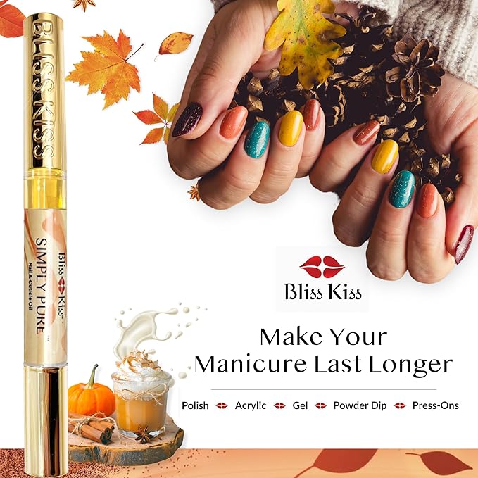 Bliss Kiss | 4 Pumpkin Spice Latte Scent Nail | Oil Cuticle Pen w/Vitamin E & Jojoba⏤Nail Strengthener Nail Growth Serum for Brittle Peeling Breaking Thin Nails