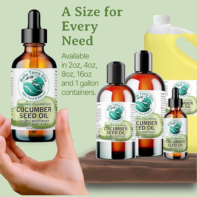 Bella Terra Oils - Cucumber Seed Oil 8 oz - Dive into Cucumber's Nutritional Treasure, Infused with Vitamins & Omega-3, Seamless Addition to Skin Care Arsenal