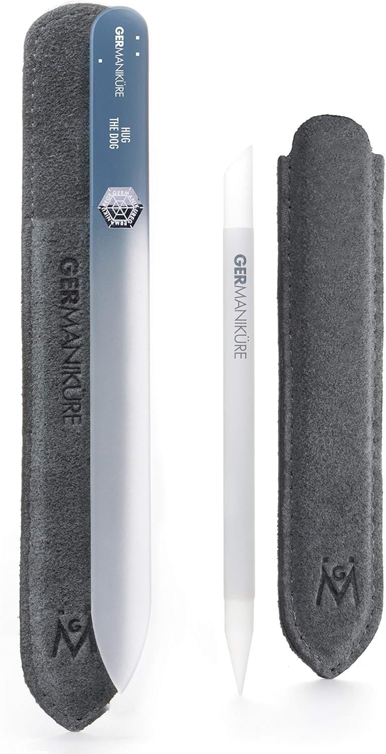 GERMANIKURE 2 Pc Glass Bundle - Crystal Glass Cuticle Stick & Hug The Dog Nail File Set in Suede Sleeves – Handmade in Czech Republic – Professional Manicure Supplies – Cuticle Pusher, Callous Remover