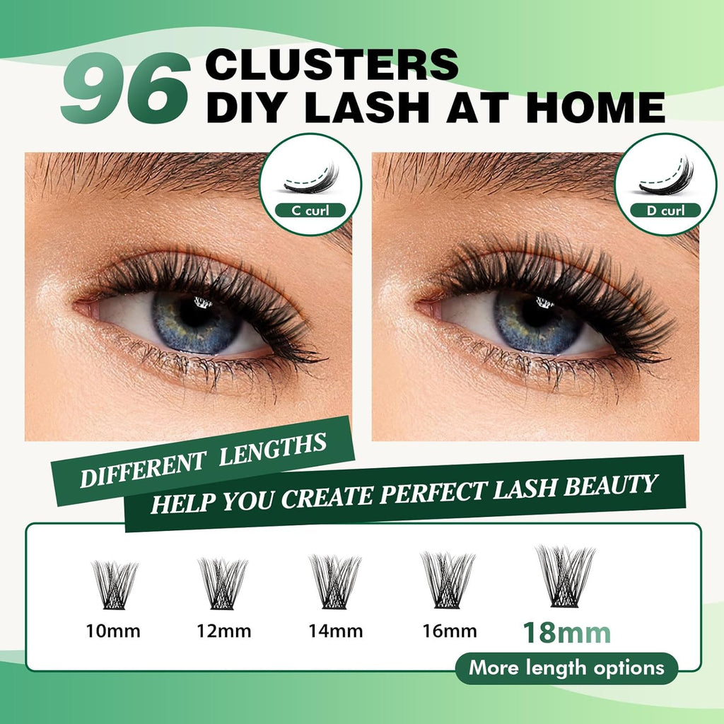 Lash Clusters 96pcs Individual Lashes D Curl 16mm Eyelash Clusters KEYYOU Volume Wispy Lash Extension Soft&Comfortable Easy DIY at Home(Y18,D-16mm)