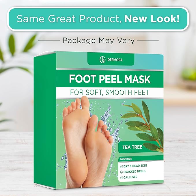 DERMORA Foot Peel Mask - 2 Pack of Regular Size Skin Exfoliating Foot Masks for Dry, Cracked Feet, Callus, Dead Skin Remover for Baby Soft Feet, Tea Tree Scent