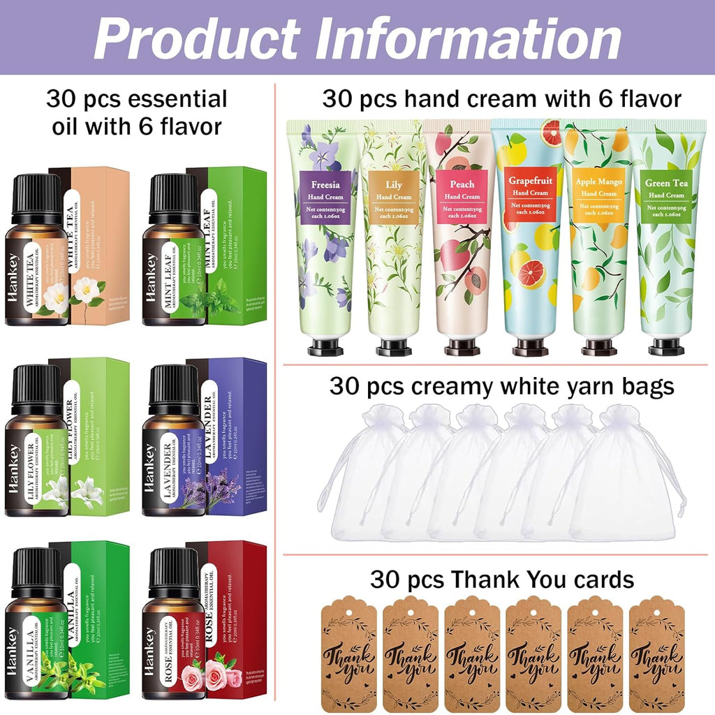 AZEN 30 Sets Bulk Gifts, Hand Cream and Essential Oils Bulk Set with Organza Bag Thank You Card, Baby Shower Wedding Gifts for Guests, Bridal Wedding Favors for Guests,Thank You Gifts for Women