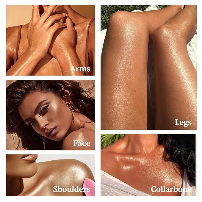 Gold Body Shimmer Oil,Moisturizing Body Oil for Body and Face Highlighter Makeup,Gold Glitter Glow,Waterproofing Long Lasting Body Luminizer Glow with Brushes and Makeup Sponge,85 ml