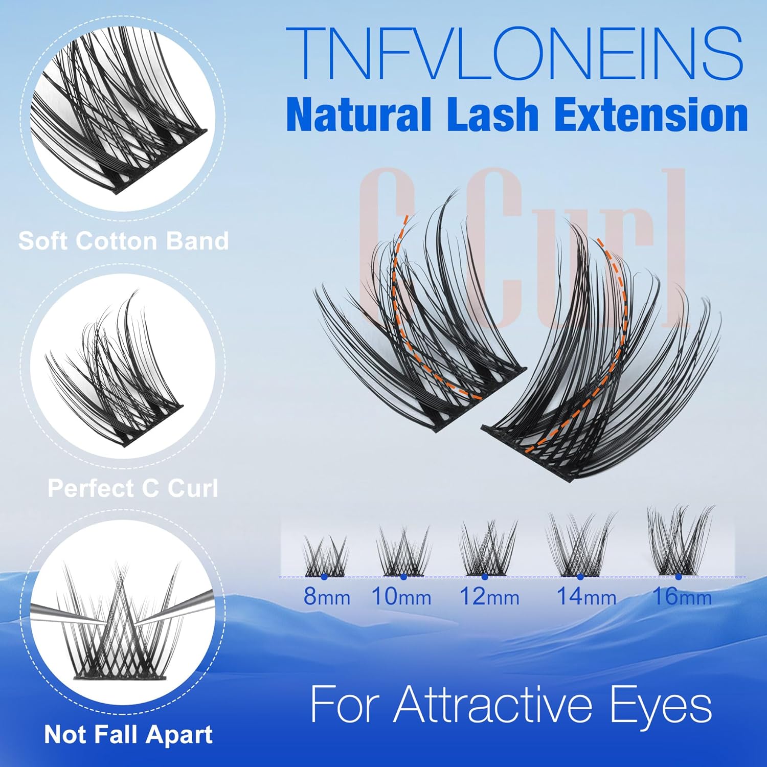 Natural Lash Clusters Kit Wispy Lash Extension Kit C Curl Eyelash Extension Kit Individual Lashes Cluster Eyelash Extensions Kit 8-16MM Eyelash Clusters with Bond and Seal and Tweezers by TNFVLONEINS