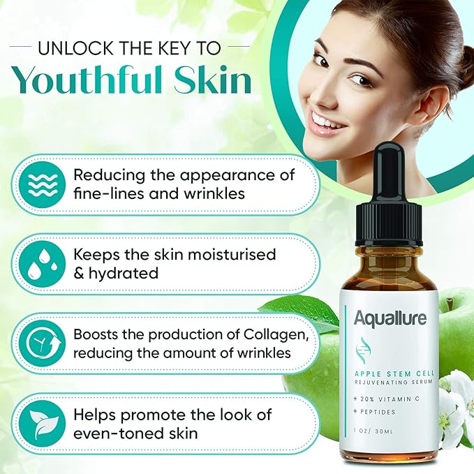 NEW! Aquallure Apple Stem Cell Rejuvenating Serum - Moisturizing Facial Treatment with Vitamin C 20%, Peptides, Hyaluronic Acid - Reduce Appearance of Fine Lines, Improve Skin Texture - 1 fl oz