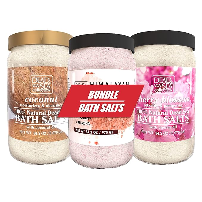 Dead Sea Collection Bath Salts Enriched -Himalayan + Coconut +Cherry Blossom -3 X (Large 34.2 OZ.). Nourishing Essential Body Care for Soothing and Relaxing Your Skin and Muscle
