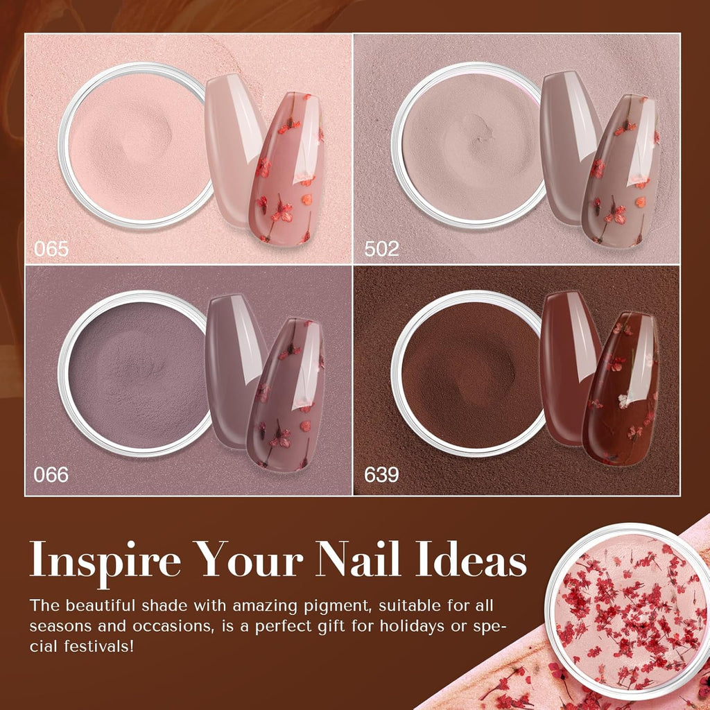 AZUREBEAUTY Dip Powder Nail Kit, 4 Colors Nude Brown with Dried Flower Set, Fall Winter Natural Dipping Powder Starter Liquid Set Recycling Tray with Base & Top Coat Activator ﻿