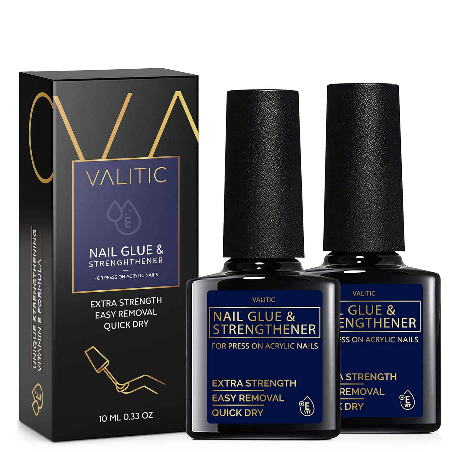 Valitic Strong Nail Glue and Strengthener for Acrylic and Press On Nails - Quick Dry Brush On Gel for Long Lasting Effect - Adhesive Nail Bond for False Nails with Tips Strengthener - 2 PACK