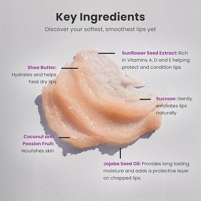 Dermasuri Lip Exfoliator Scrub and Moisturizer, Sugar Scrubs, Overnight Hydration & Softening, Brighten and Soften Dark Lips For Men & Women, Soothing Dryness, Coconut Passion Fruit Flavor 20g/0.7oz