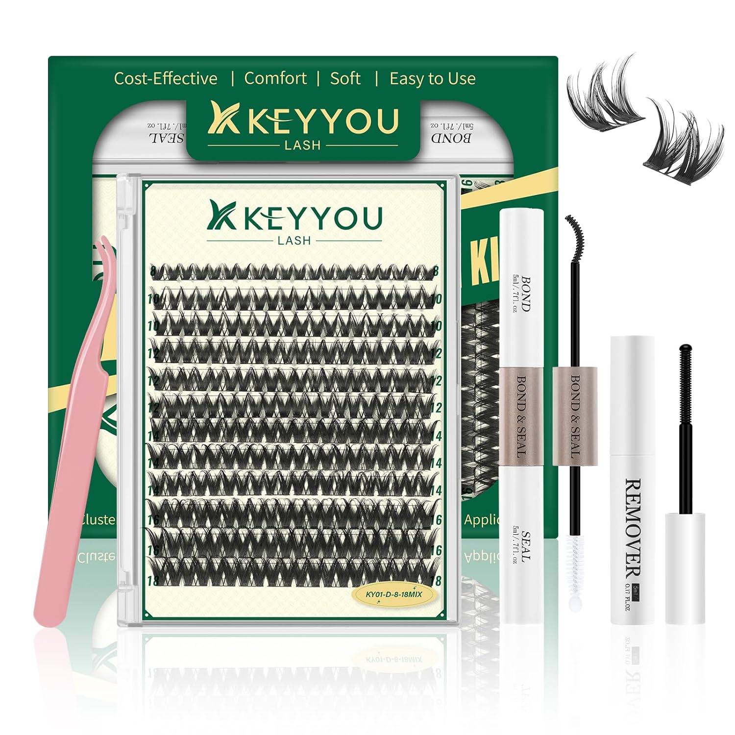 KEYYOULASH Lash Clusters Kit 120pcs 8-18MIX Lash Extension Kit Widespan Volume Lash Clusters with Bond and Seal,Remover,Applicators for DIY Eyelash Clusters at Home (KY01 Kit)