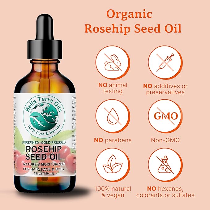 Bella Terra Oils - Organic Rosehip Facial Oil 8 oz - Dive into Organic Rosehip's Essential Fatty Acids & Antioxidants, Infused with Vitamin F, Elevate Daily Face Rituals