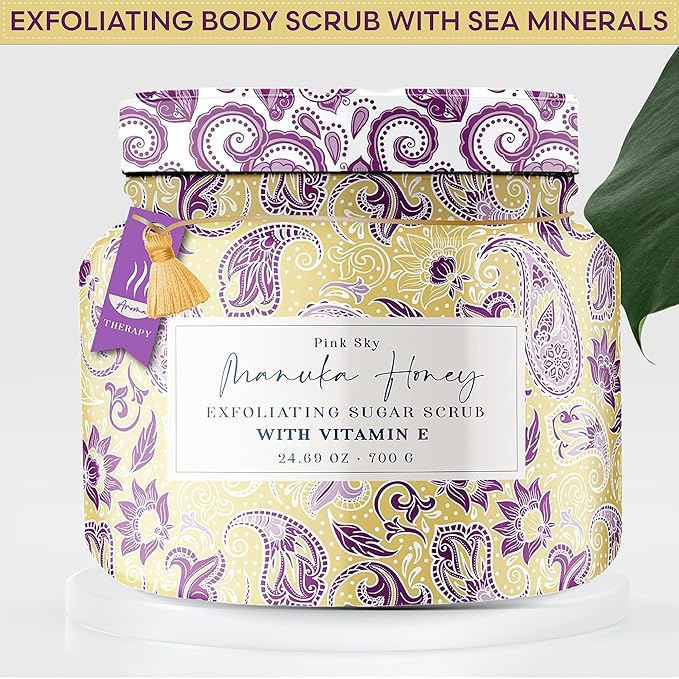 Pink Sky Exfoliating Body Scrub - Ultra Gentle Sugar Scrub for Smooth Skin - Premium Body Scrubs for Radiant, Soft Skin - Ideal Exfoliator for All Skin Types - 700g (Manuka Honey, 24.69 Oz)