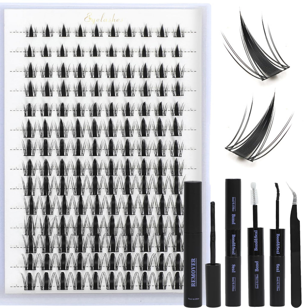 Lash Clusters Kit, Eyelash Clusters Individual Lash Extension Kit D Curl Fluffy Wispy False Eyelashes Extensions Thin Band with Bond Seal Tweezers Brush (SMY11 8-16mm)