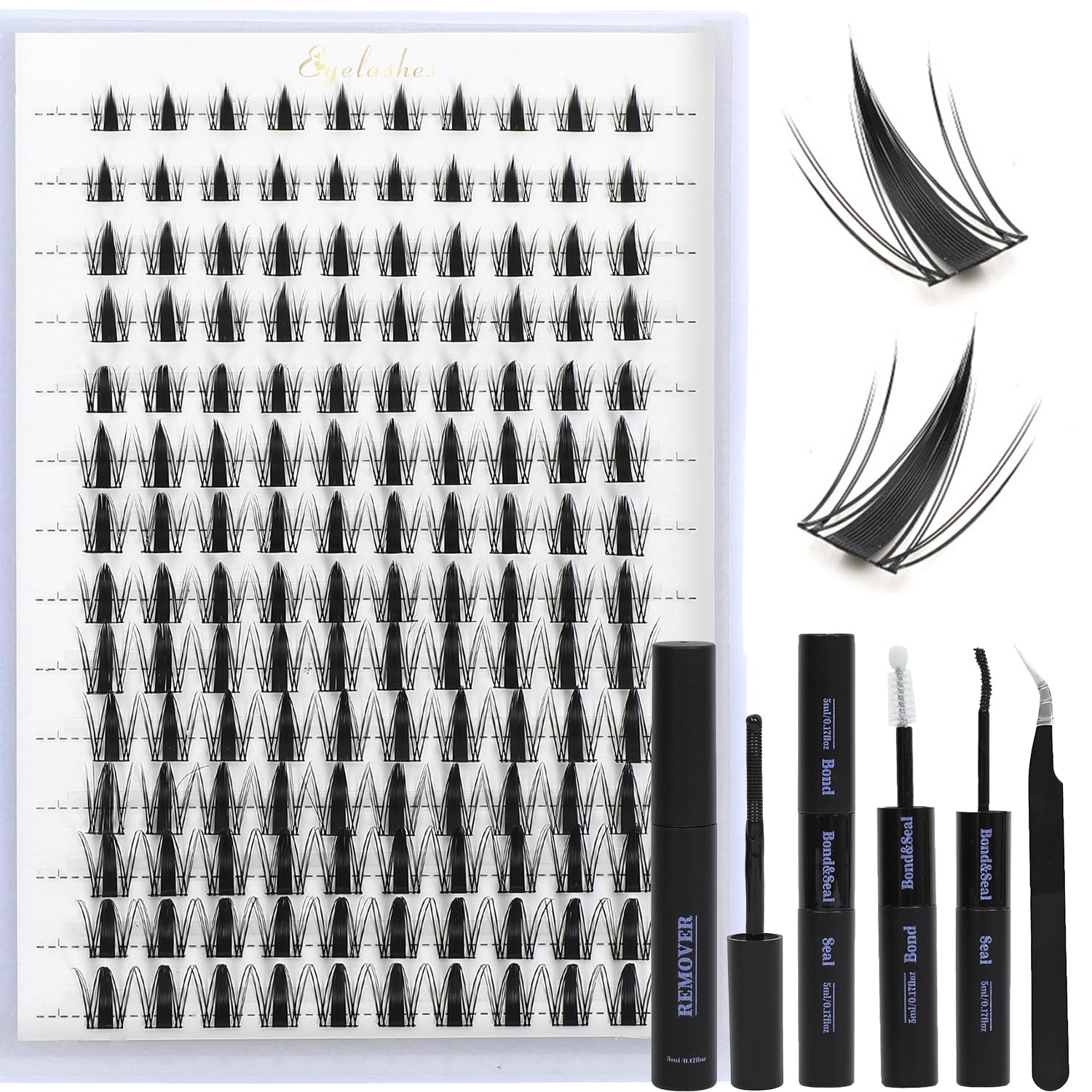 Lash Clusters Kit, Eyelash Clusters Individual Lash Extension Kit D Curl Fluffy Wispy False Eyelashes Extensions Thin Band with Bond Seal Tweezers Brush (SMY11 8-16mm)