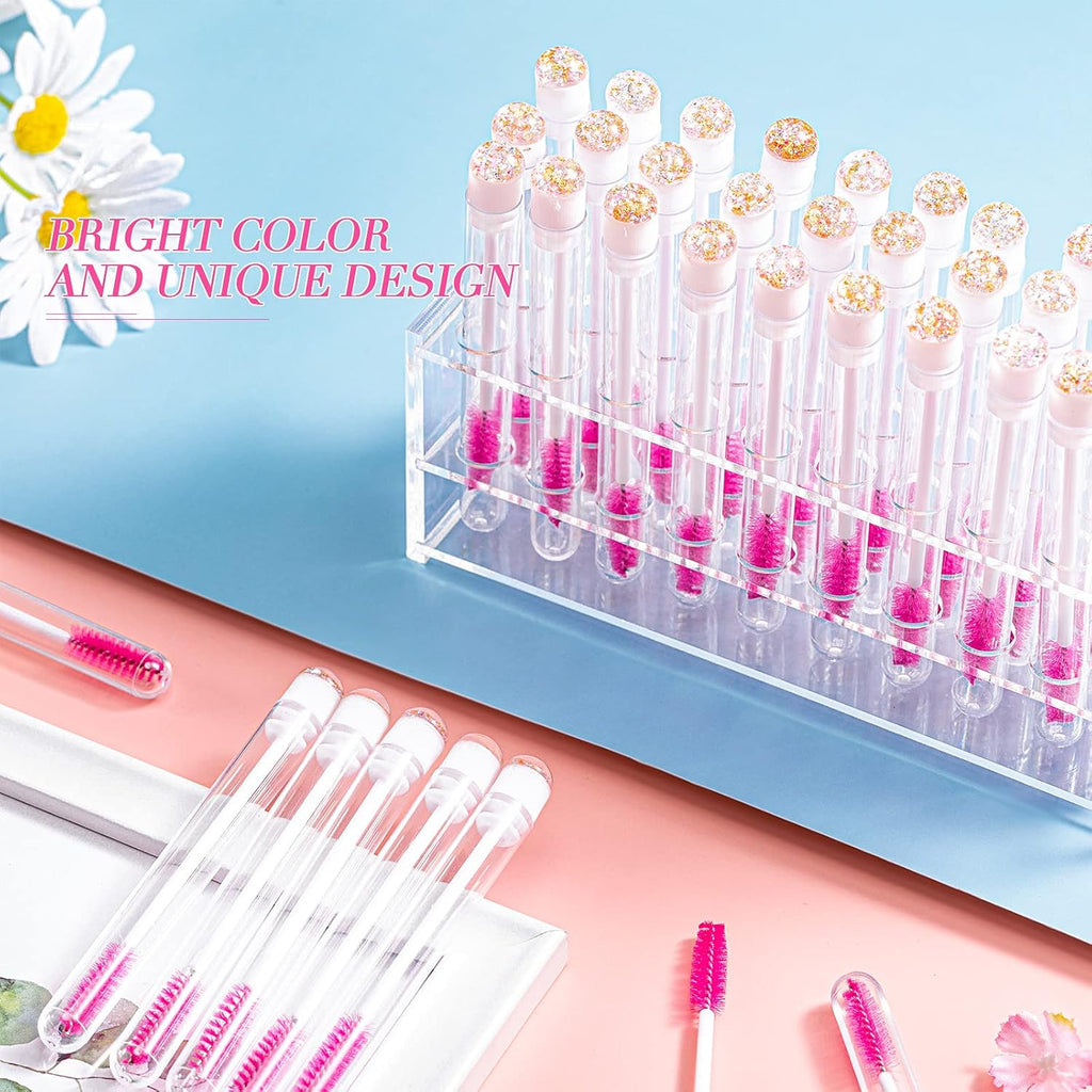 80 Pieces Disposable Mascara Brushes Tubes Set, 40 Pieces Empty Mascara Wand Tube with 40 Pieces Eyelash Brush Makeup Tool for Eyelash Extension(Pink Gold Sequins Style)
