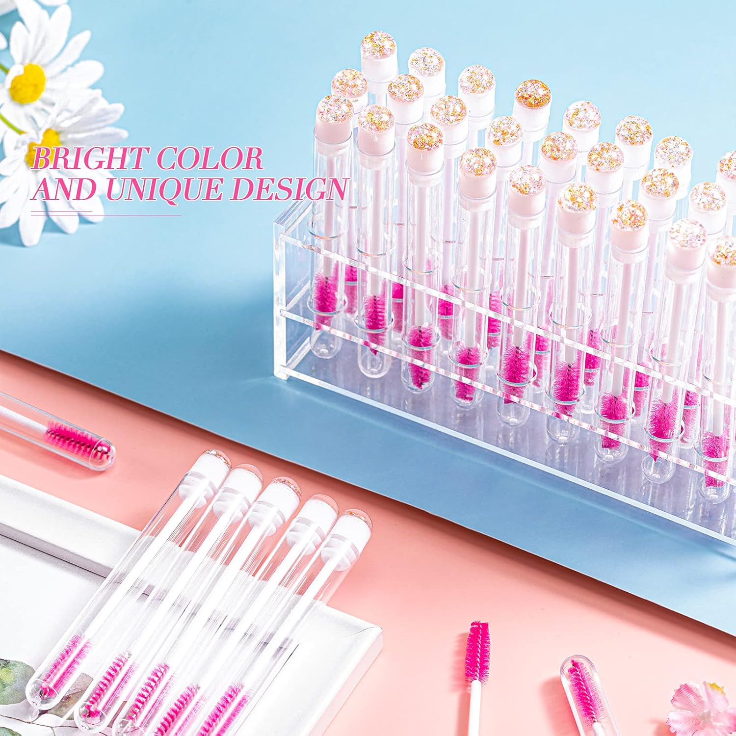 80 Pieces Disposable Mascara Brushes Tubes Set, 40 Pieces Empty Mascara Wand Tube with 40 Pieces Eyelash Brush Makeup Tool for Eyelash Extension(Pink Gold Sequins Style)