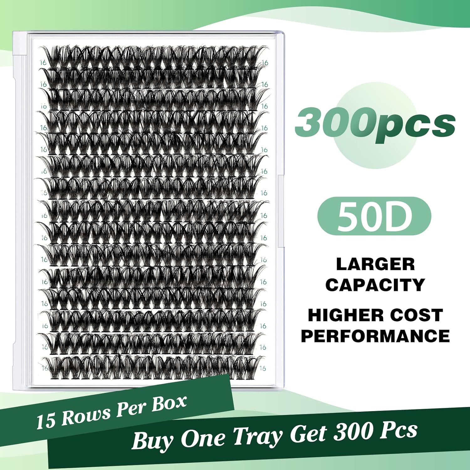 Lash Clusters 300pcs Individual Lashes 50D 0.07D Curl 16mm DIY Eyelash Extension KEYYOU Large Tray Volume Soft&Natural Cluster Lashes(50D-0.07D,16）