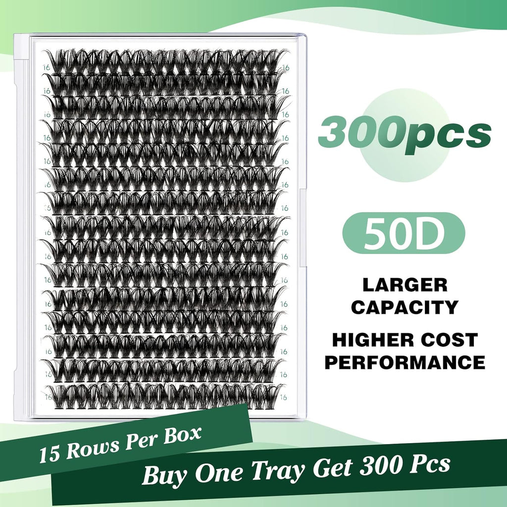 Lash Clusters 300pcs Individual Lashes 50D 0.07D Curl 17mm DIY Eyelash Extension KEYYOU Large Tray Volume Soft&Natural Eyelash Clusters(50D-0.07D,17）