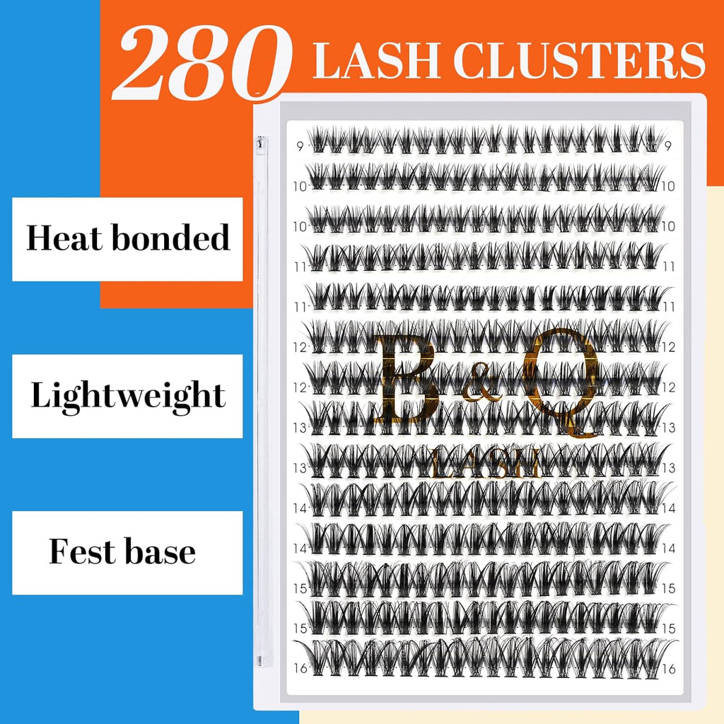 B&Q Lash Clusters 40D-C-9-16MIX Individual Lashes 280 Clusters Manga Lashes False Eyelash Lash Clusters Extensions DIY Eyelash Extensions at Home (40D-C,9-16MIX)