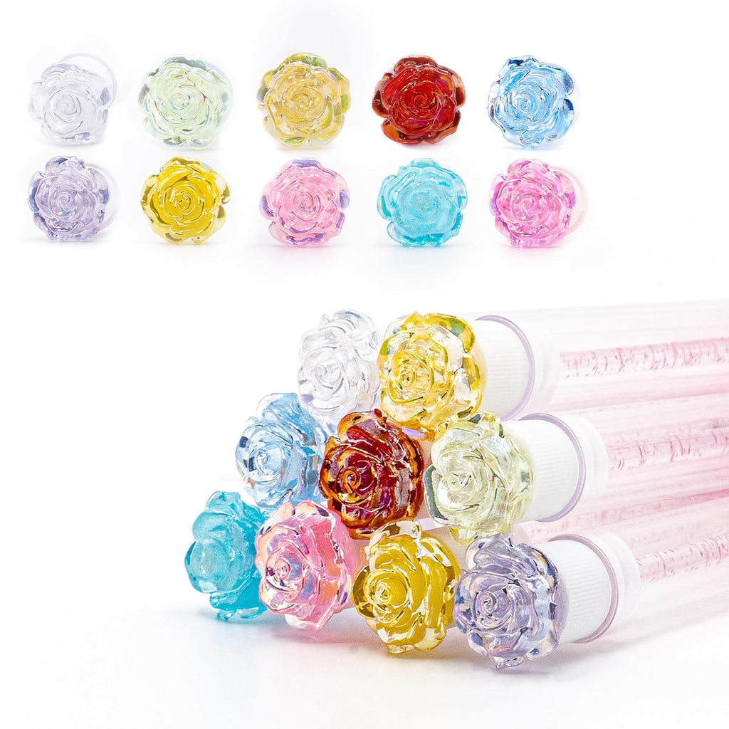 i-Laesh 10Pcs Diamond Disposable Mascara Wands with Tube - Spoolies for Eyelash Extensions, Cleaning & Brow Makeup - Multi-Color Applicator Set (3D Rose)