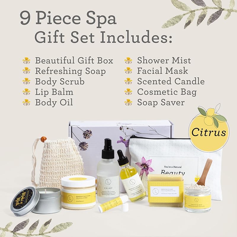 Lizush Luxury Spa Gifts for Women - 9 Piece Citrus Spa Gift Baskets for Women, Relaxation Birthday Gift Set, Handmade in the USA, Self Care Gift Sets For Wife, Mom, Co-Worker, Best Friend