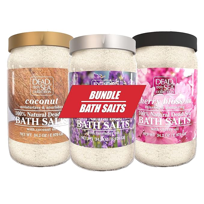 Dead Sea Collection Bath Salts Enriched with 3 pc- Coconut - Cherry Blossom -Lavender- Natural Salt for Bath - Large 34.2 OZ. - Nourishing Essential Body Care for Soothing and Relaxing Your Skin and