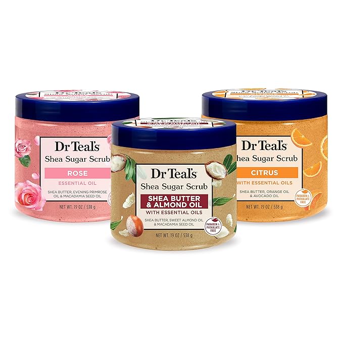 Dr Teal's Shea Sugar Scrub Trial Pack, Rose, Shea Butter, Citrus 19 oz (Pack of 3)