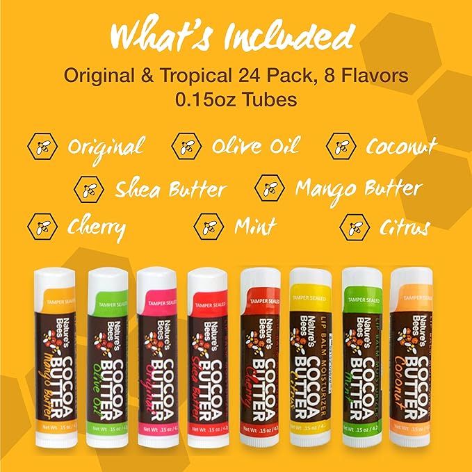 Nature's Bees Lip Balm, Bulk Lip Care Pack for Dry, Cracked Lips, Made in the USA with Natural Ingredients, 0.15 oz Each, 8 Flavors, 24 Pack