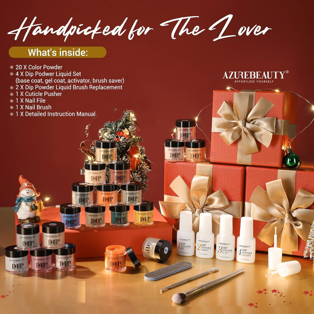 AZUREBEAUTY Dip Powder Nail Kit Starter Fall Autumn Orange Green Glitter Red 20 Colors Acrylic Dipping Powder Liquid Set with Base/Top Coat for French Nails Art Manicure Beginner DIY Salon Home