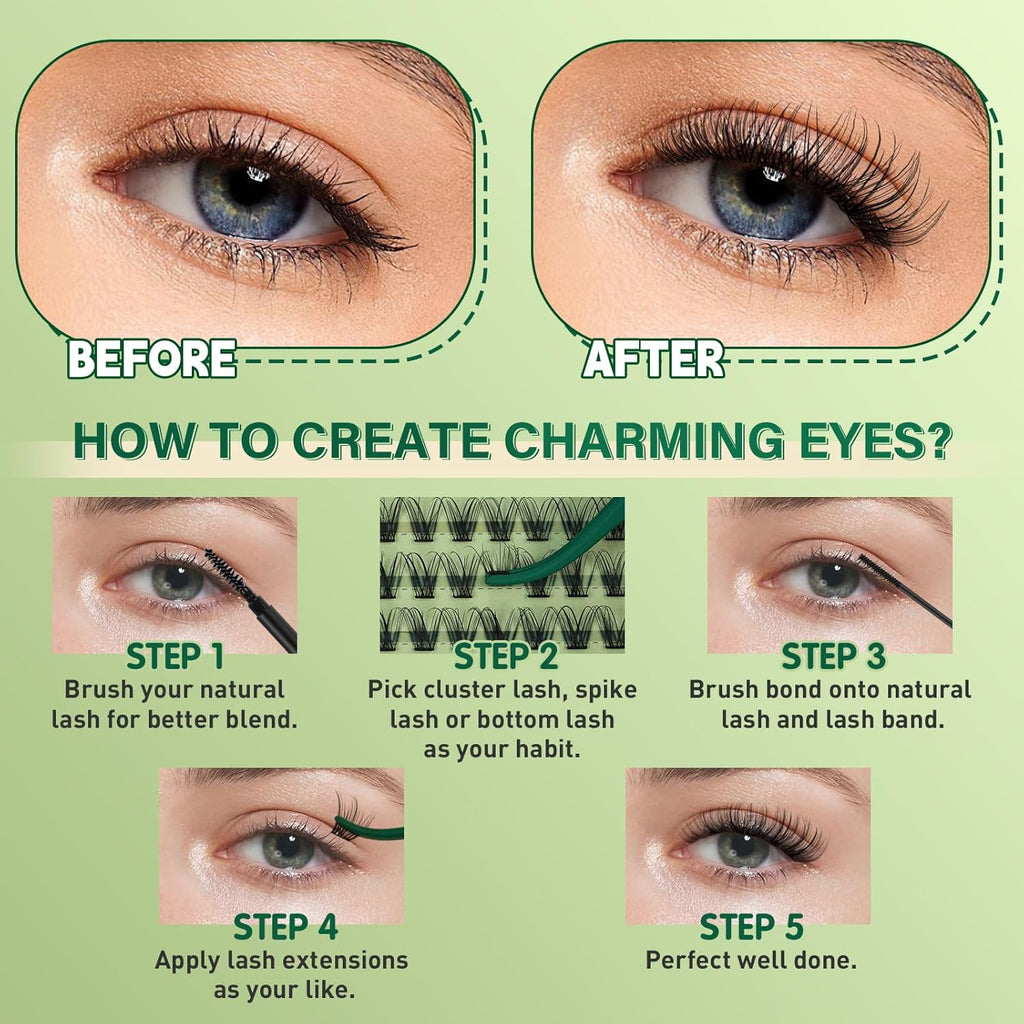 Natural Lash Clusters Kit 144Pcs DIY Lash Extension Kit Wispy Eyelash Extensions Kit D Curl 8-18MIX with Bond and Seal and tweezers with Thin Lash Band by KEYYOU（KIT-N04-D-8-18MIX）