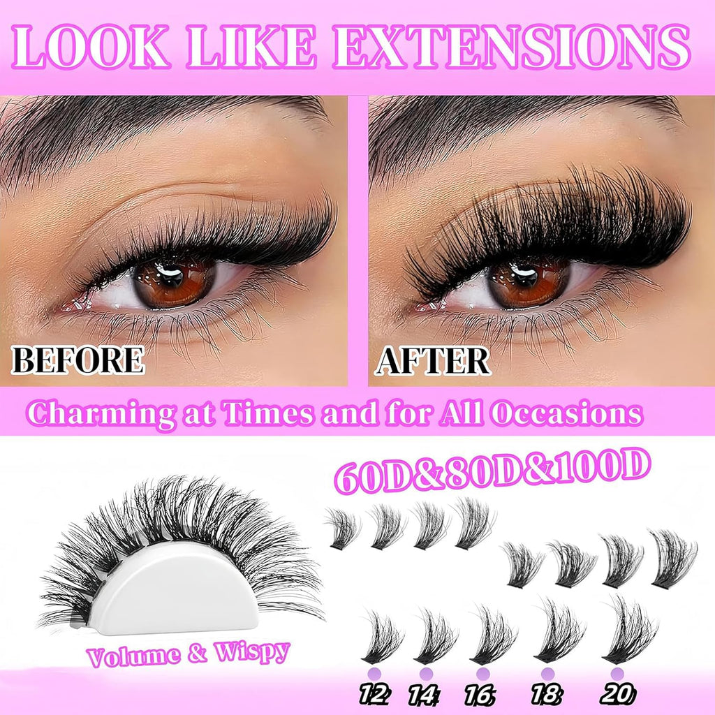 Lashes Clusters Kit Gift Packs 3 Styles 760Pcs with 2X Bond&Seal Volume Soft False Eyelash Extension 80D+100D D Curl Wispy Natural DIY Individual Fake Eyelashes Box for Beginners Bulk Pack