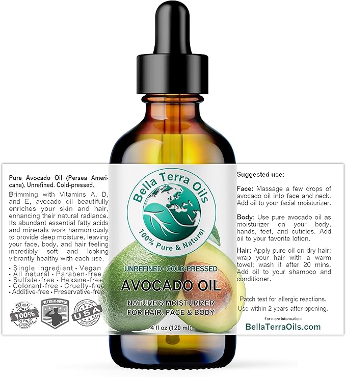 Bella Terra Oils - Avocado Oil 4 oz - Dive into The Purity of Natural Avocado, Abundant in Vitamin K & C, Superior Blend for Essential Oils